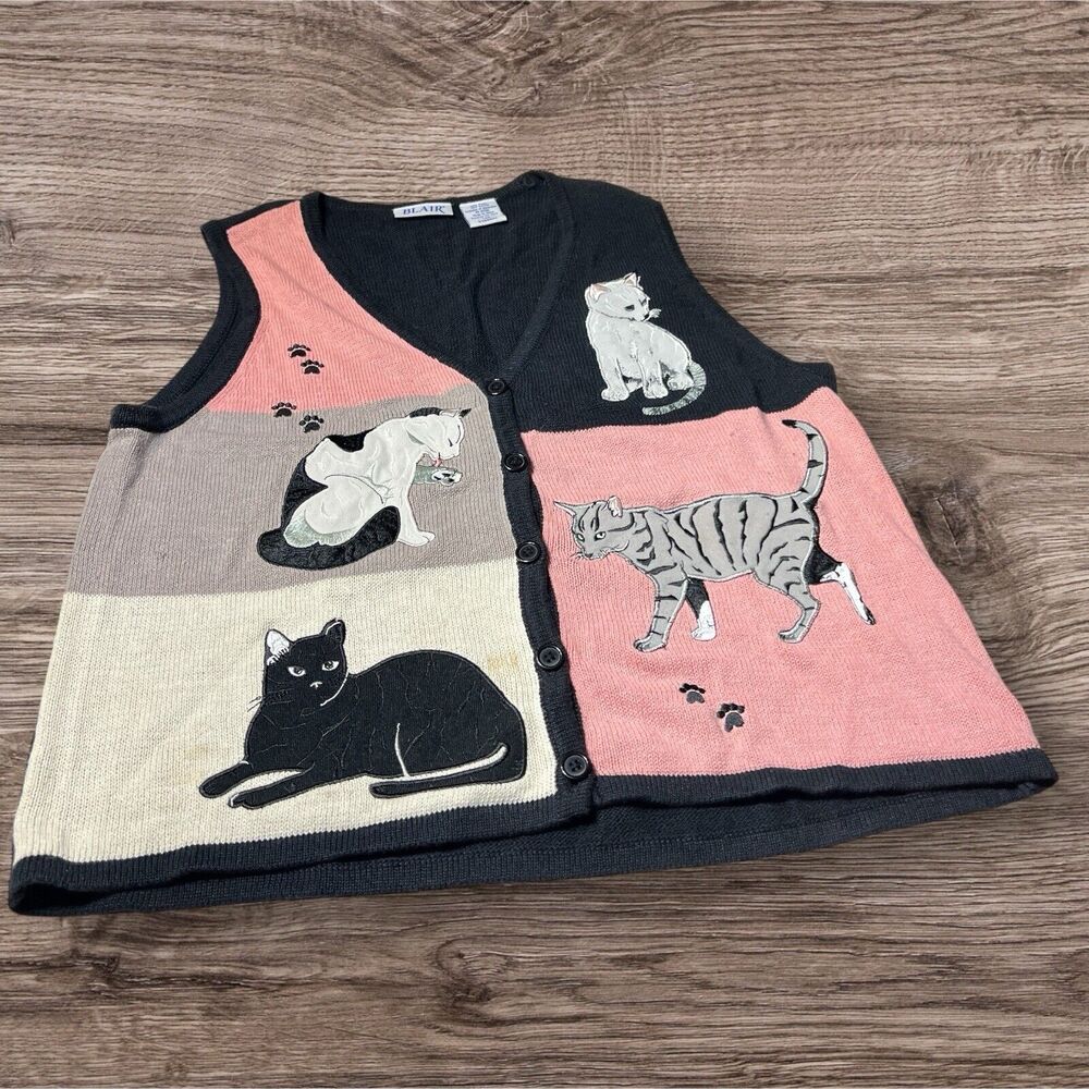 VTG Blair Cat Kitty Kittens Sweater Vest Button 80’s Large Black Pink White READ